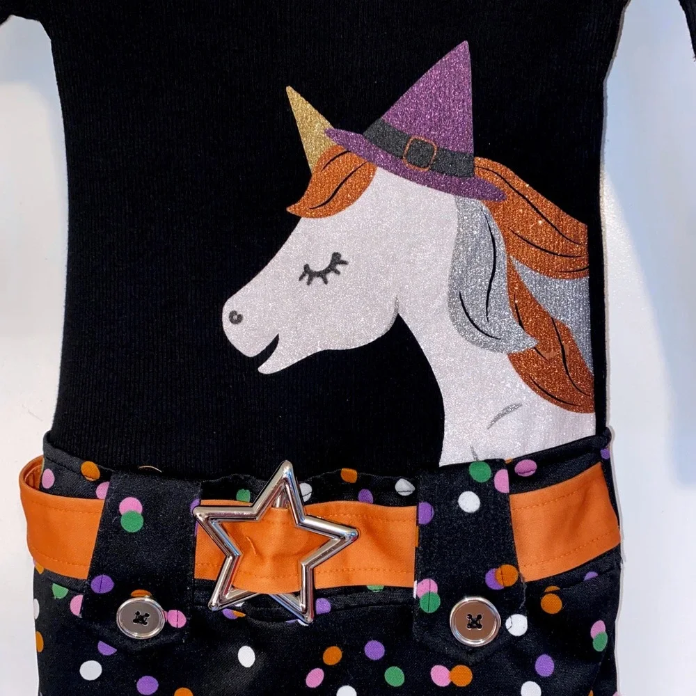Girls 6x Halloween Dress Black Witch Unicorn Glitter Star Belt Polka Dot